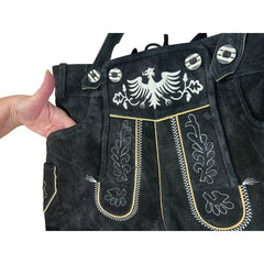 Black leather lederhosen with eagle design and attached braces