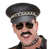 Black leather look biker hat with silver chain front view