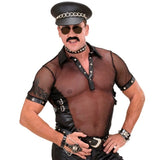 Black leather look biker hat with chain worn by male model