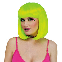 Acid yellow black light rave bob wig with fringe