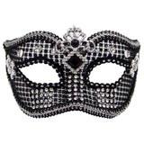 Black mesh masquerade mask with silver embellishments and skull accents for gothic costume parties and masquerade balls