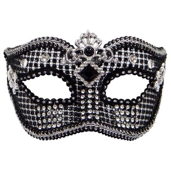 Black mesh masquerade mask with silver embellishments and skull accents for gothic costume parties and masquerade balls
