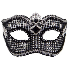 Black mesh masquerade mask with silver embellishments and skull accents for gothic costume parties and masquerade balls