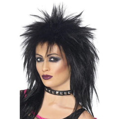 Black Mullet Rock Diva Wig with shoulder-length layered cut in classic 1980s rock style, ideal for glam rock or retro costumes.