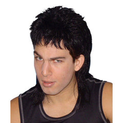 Black 1980s mullet wig with short shaggy top and long back for retro and rocker costumes.