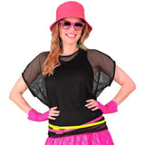 Black net t-shirt worn with fluro accessories