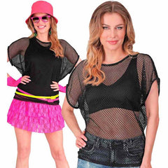 Women’s black net t shirt costume top for 1980s themed parties with retro fluro accessories