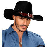 Man Wearing Black Outback Hat with Decorative Tooth Band