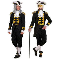 Black parade coat for men with gold trim and epaulets, renaissance, pirate, Napoleon, steampunk style