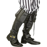 Side view of adult-sized black pirate bootcovers showing the large turnover cuff, decorative lacing, and gold button detail at the ankle.
