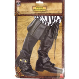 Image of the packaging for black pirate bootcovers, showing product branding and a visual preview of the bootcovers with large cuff and lacing detail.