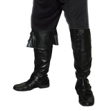 Adult-sized black pirate bootcovers featuring a large turnover cuff with decorative lacing, designed to wear over shoes for a classic swashbuckling look.