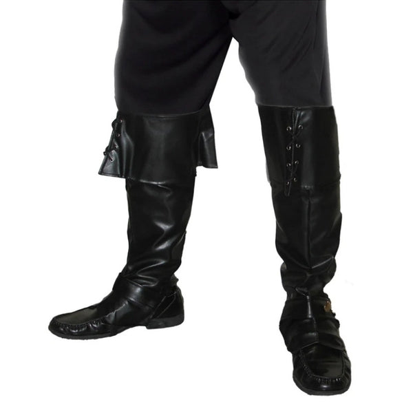 Adult-sized black pirate bootcovers featuring a large turnover cuff with decorative lacing, designed to wear over shoes for a classic swashbuckling look.