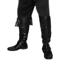 Adult-sized black pirate bootcovers featuring a large turnover cuff with decorative lacing, designed to wear over shoes for a classic swashbuckling look.