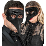 Man and woman modelling the black plastic venetian mask
