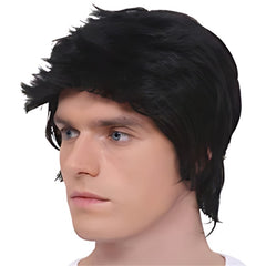 Black mullet wig with shaggy top and collar-length back