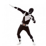 Black Power Rangers adult bodysuit costume with attached gloves, feet, and hood for superhero parties or cosplay events.
