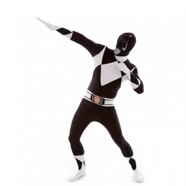 Black Power Rangers adult bodysuit costume with attached gloves, feet, and hood for superhero parties or cosplay events.