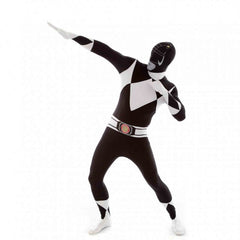 Black Power Rangers adult bodysuit costume with attached gloves, feet, and hood for superhero parties or cosplay events.