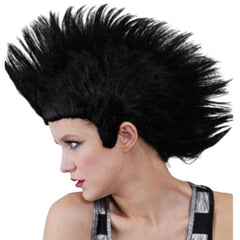 Black Punk Mohawk Wig with short sides and upright hair strip, punk rock costume accessory.