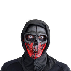 Black and red skull hooded Halloween mask with cracked forehead detail