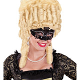 Black Rhinestone Masquerade Mask Worn with Venetian-Inspired Costume