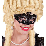 Black Rhinestone Masquerade Mask Worn – Close-Up View