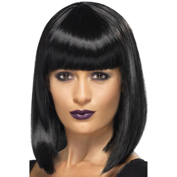 Black R’n’B Star Wig in sleek long bob style with blunt fringe for 60s and 90s costumes