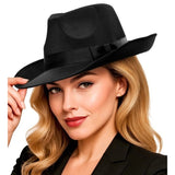 Woman Wearing Black Satin Fedora Hat for Vintage Costume