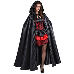 Black satin hooded cape 105cm front view with ribbon ties