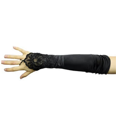 Black satin lace fingerless gloves – elbow length with lace detail