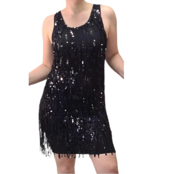 Black 1920s sequin flapper dress for hire