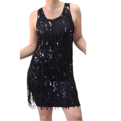 Black Sequin Flapper - Hire, basic black flapper dress with rows on rows of sequin fringing, round neckline. Hire includes dress, headdress, gloves, beads and boa.