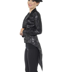 Black sequin tailcoat jacket with two buttons at the front.