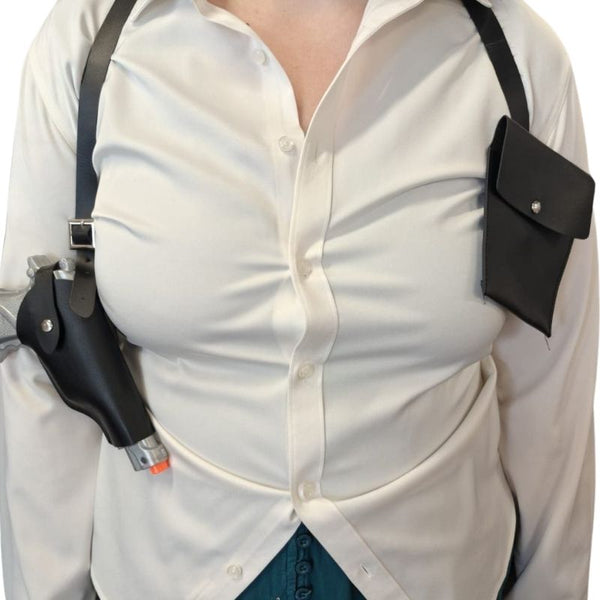 Person wearing a white shirt with black holsters on a white background