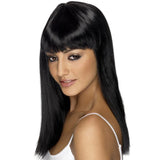 Black shoulder length wig with fringe, straight.