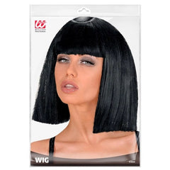 Black showgirl wig with long bob, blunt cut and fringe for cabaret costumes