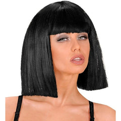Black showgirl wig with long bob, blunt cut and fringe for cabaret costumes