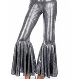 Close-up of black and silver disco jumpsuit showing metallic fabric, flared leg