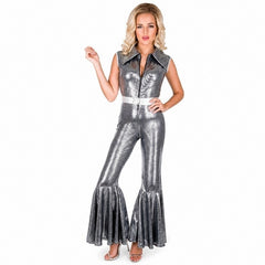 Black and silver disco diva jumpsuit with flared legs and matching belt
