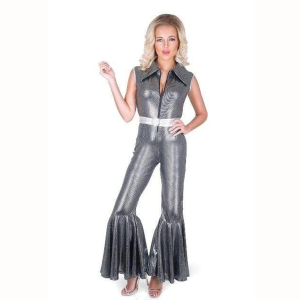 Black and silver disco jumpsuit costume with belt, 70s style.