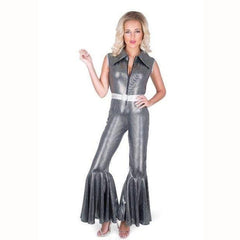 Black and silver disco jumpsuit costume with belt, 70s style.