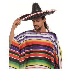 Black straw sombrero with white pom pom trim, one size adult hat