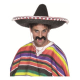 Black straw sombrero with white pom pom trim, one size adult hat