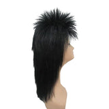 black spiky mullet wig, short at top and long at back.