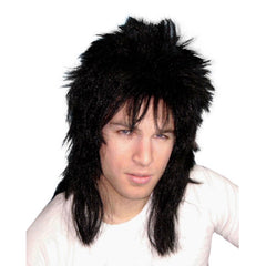 Black spiky mullet wig with shaggy layered style for retro and rocker costumes.