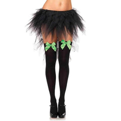 Leg Avenue Black Thigh Highs with Neon Green Bows – front view showcasing bold contrast between sleek black opaque fabric and bright neon green satin bow accents.