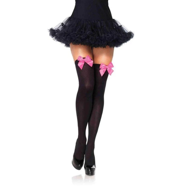Leg Avenue Black Thigh Highs with Pink Bows – front view featuring a sleek black opaque design with vibrant pink satin bows for a playful and feminine look.