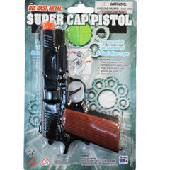 Black toy pistol made from die cast metal. Realistic cap gun for James Bond, police, or spy costumes.