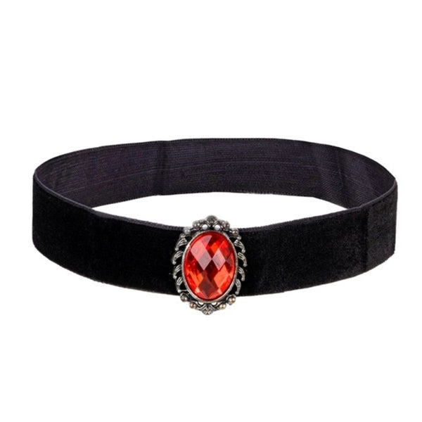Black velvet choker with ornate red stone front view
